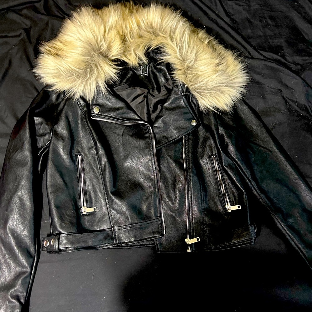 Faux leather jacket with fur collar